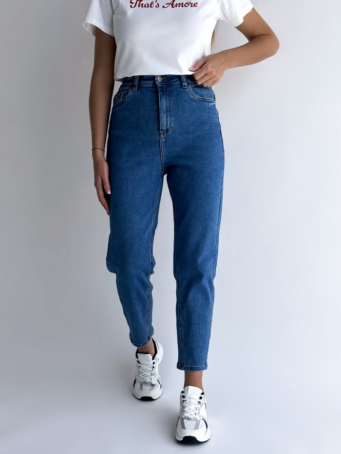 MOM FIT modelio moteriški džinsai aukštu juosmeniu MOARA Mėlyna