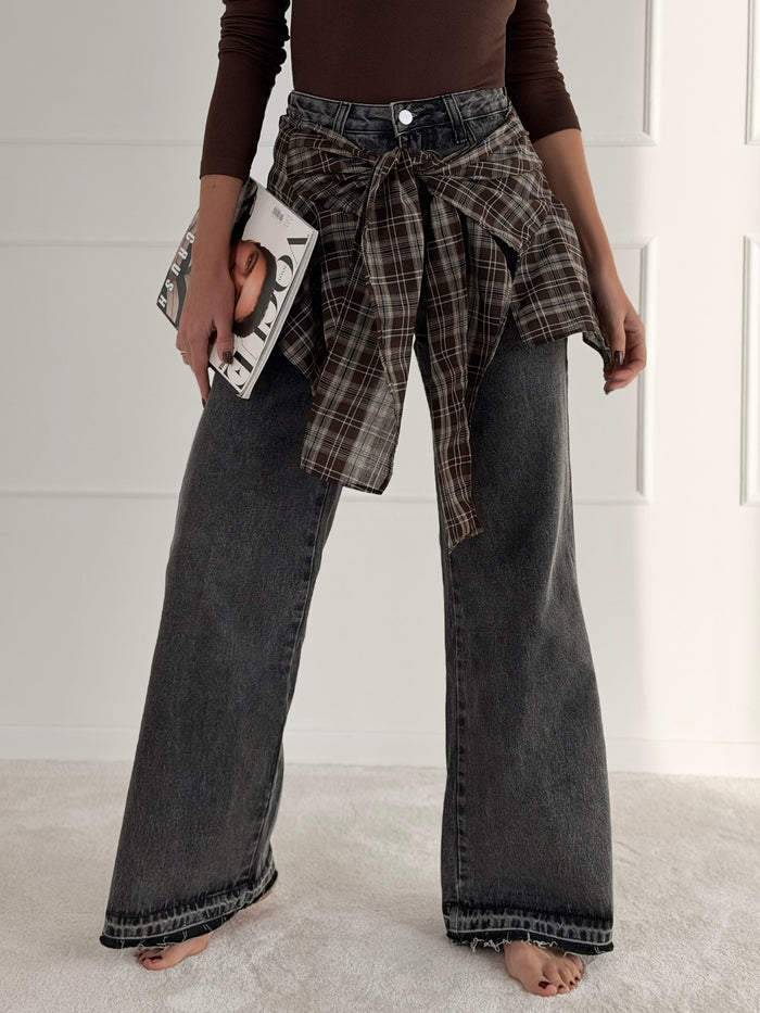 WIDE LEG moteriški džinsai su marškinių imitacija GATSBY Pilka