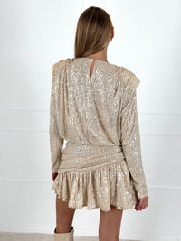 Moteriška blizgi šventinė suknelė ELARA Kreminė