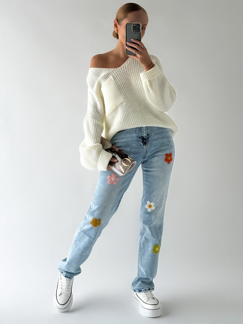 Moteriški REGULAR modelio džinsai su gėlėmis OREN