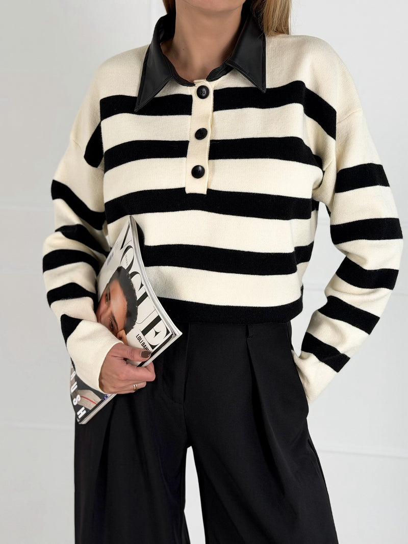 Moteriškas dryžuotas megztinis su vilna GIORGIA Juoda