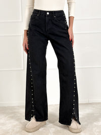 Moteriški platėjantys džinsai su kniedėmis WOODY Juoda