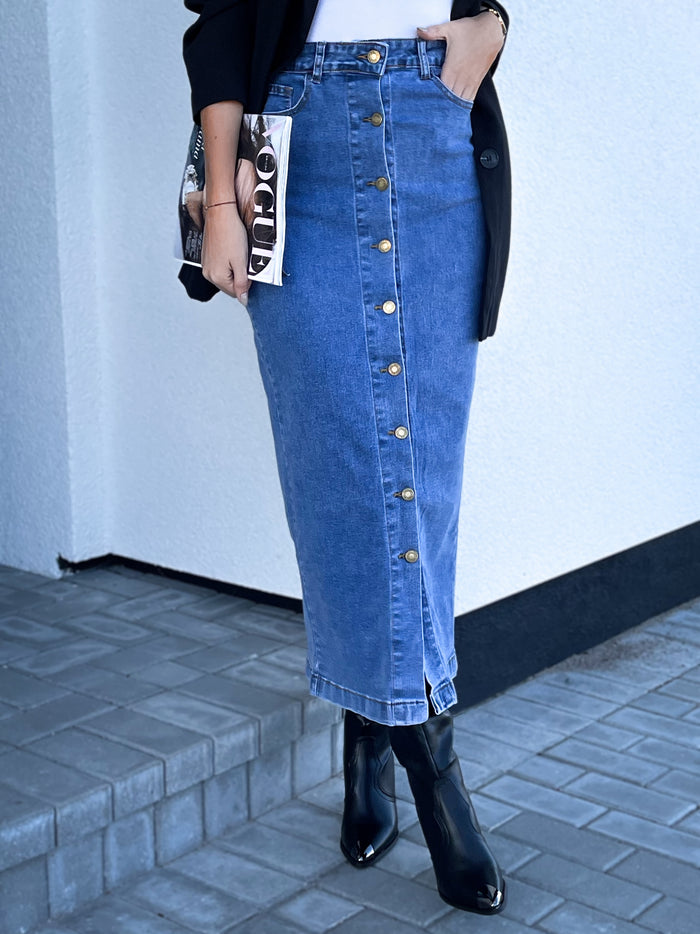 Moteriškas vidutinio ilgio džinsinis sijonas FIELDS