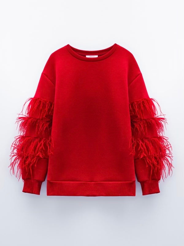 Moteriškas šventinis džemperis su plunksnomis DUKE Raudona