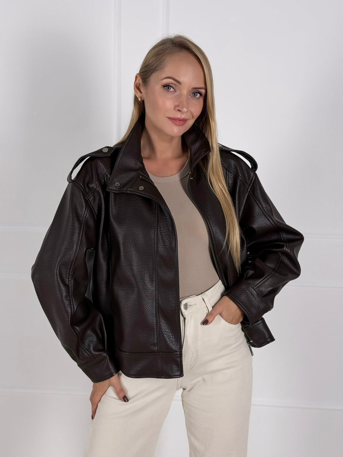 Moteriškas eko odos švarkas NELLA Tamsiai ruda