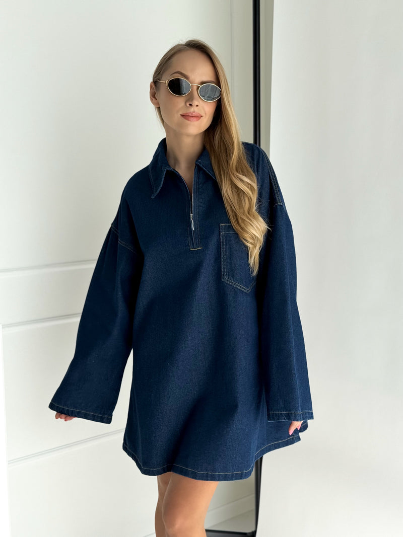 Moteriška vidutinio ilgio džinsinė suknelė HAYDEN Tamsiai mėlyna