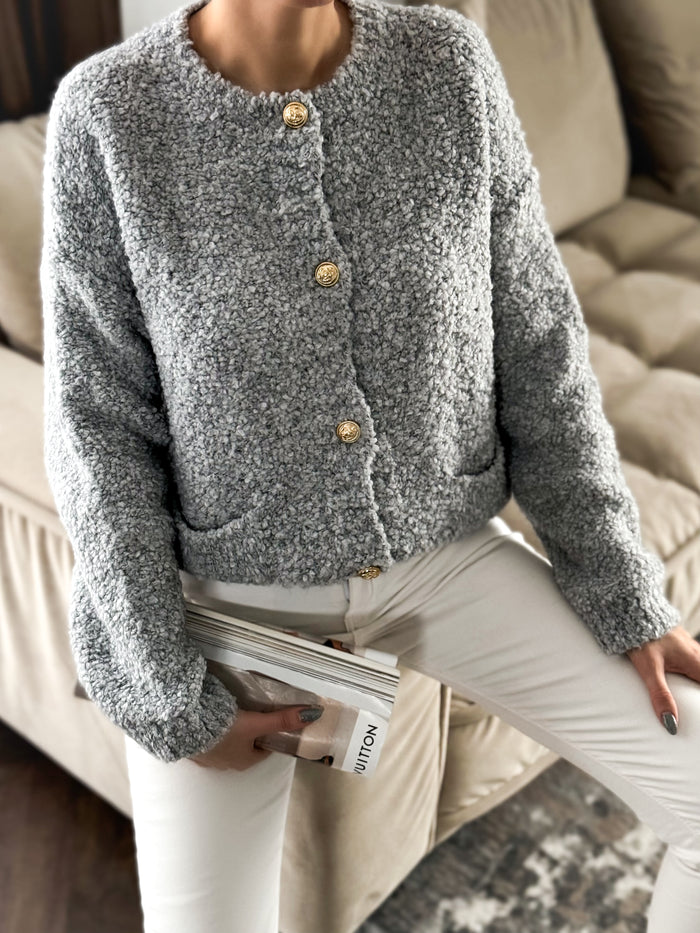 Moteriškas užsegamas megztinis su mohera SIMEON Šviesiai pilka