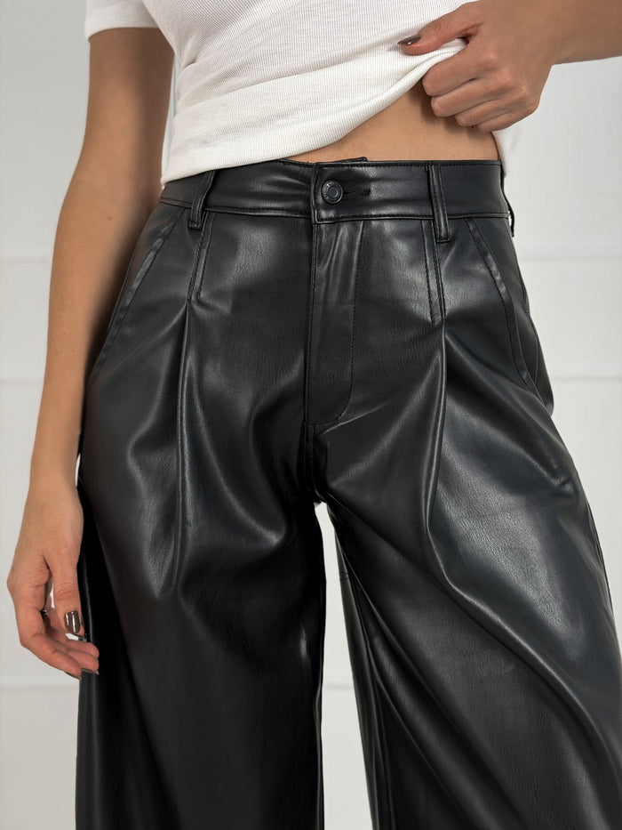 Moteriškos plačios eko odos kelnės BAYA Juoda