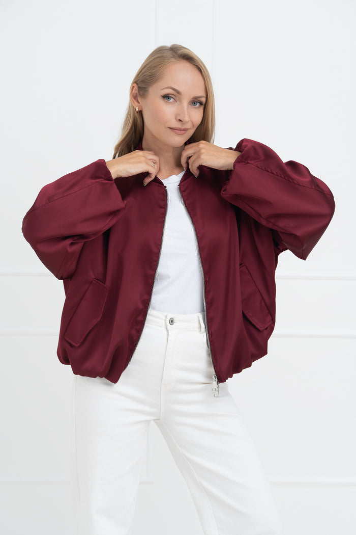 Moteriškas satino bomber stiliaus švarkas SEOUL Bordo
