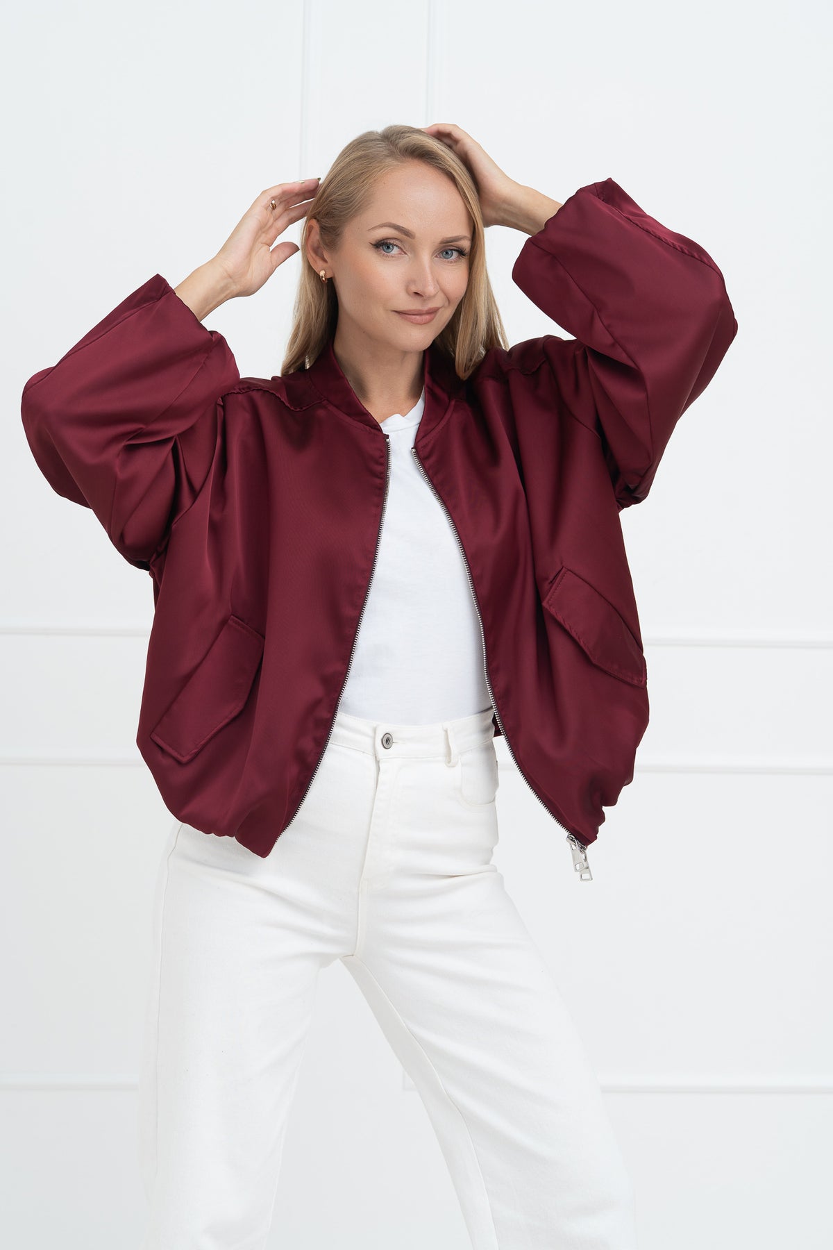 Moteriškas satino bomber stiliaus švarkas SEOUL Bordo