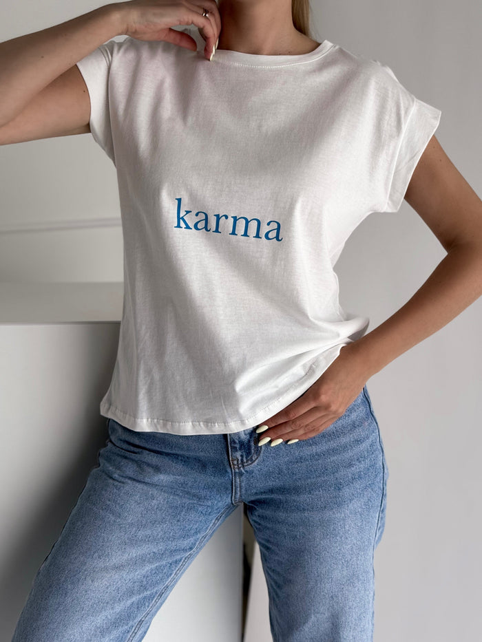 Moteriški medvilniniai marškinėliai KARMA Balta/Mėlyna