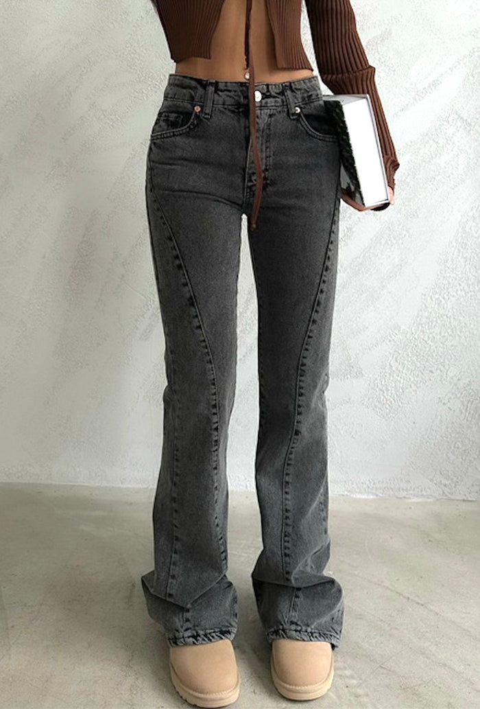 Moteriški platėjantys pilki džinsai aukštu juosmeniu BRYCE