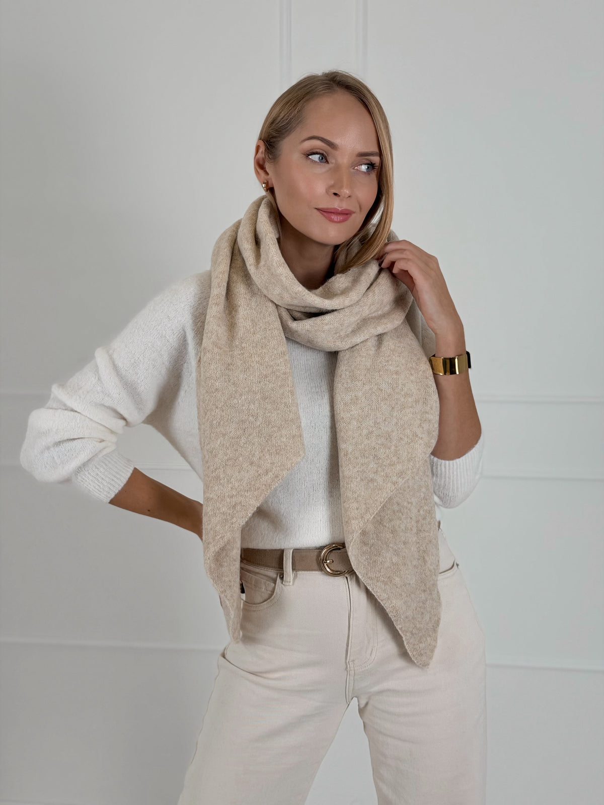 Moteriškas šiltas šalikas su merino vilna HARVEY Kreminė