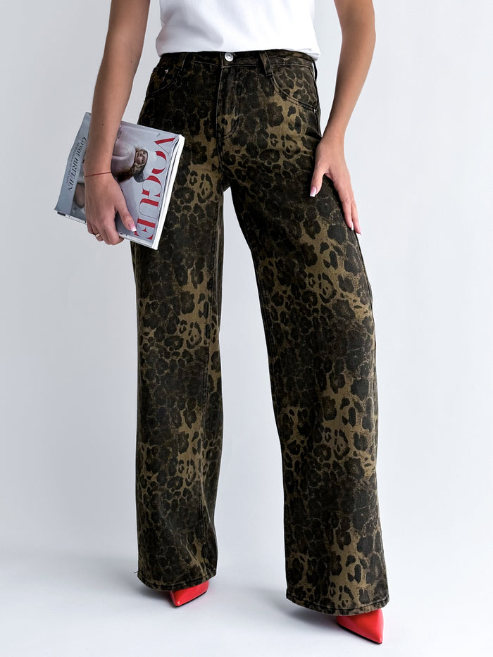 WIDE LEG modelio leopardo rašto moteriški platūs džinsai aukštu juosmeniu MEIRA Ruda