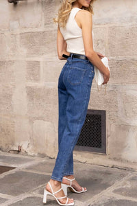 MOM FIT modelio moteriški džinsai aukštu liemeniu su diržu ALARI