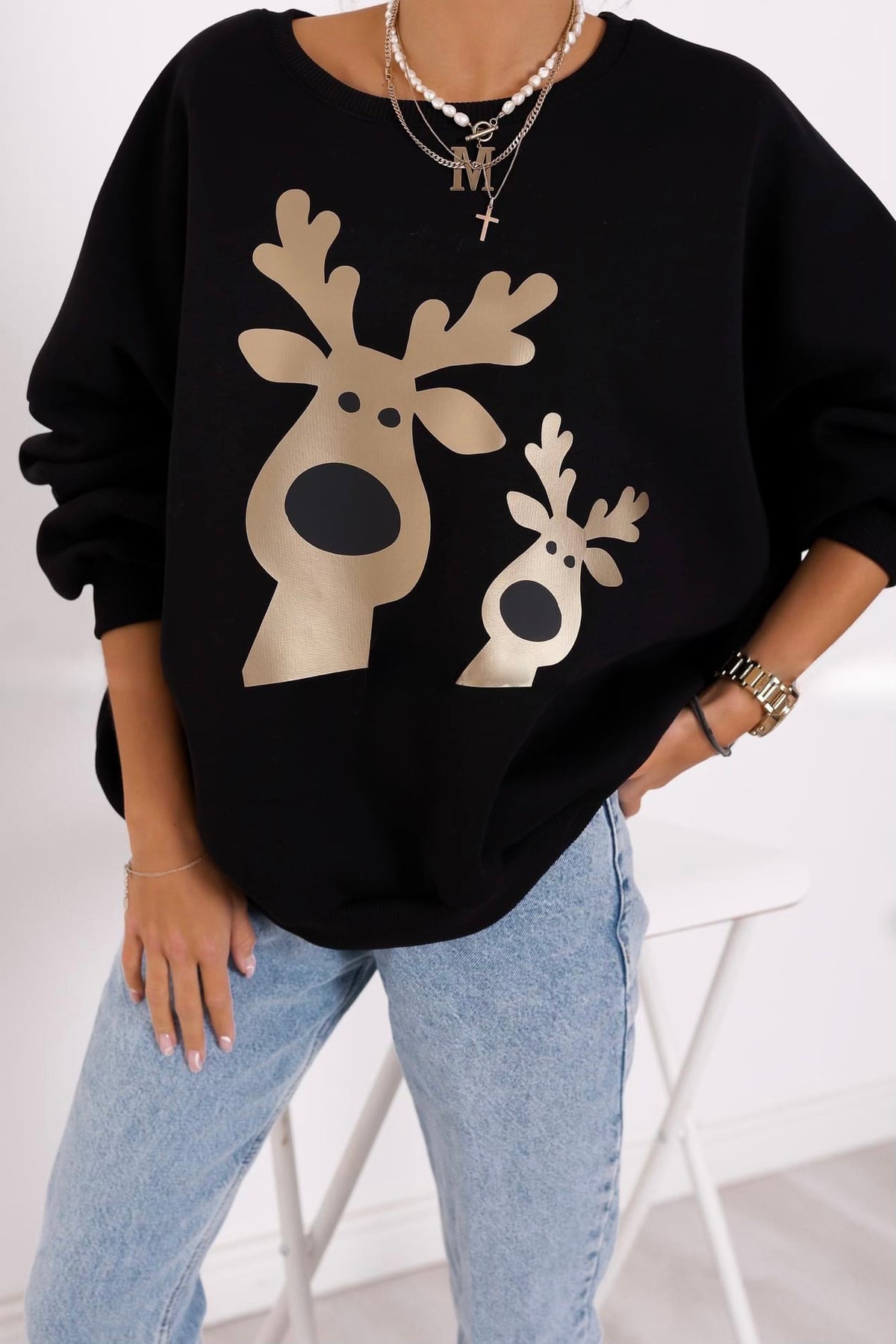 Moteriškas kalėdinis medvilninis džemperis su pašiltinimu REINDEER Juoda