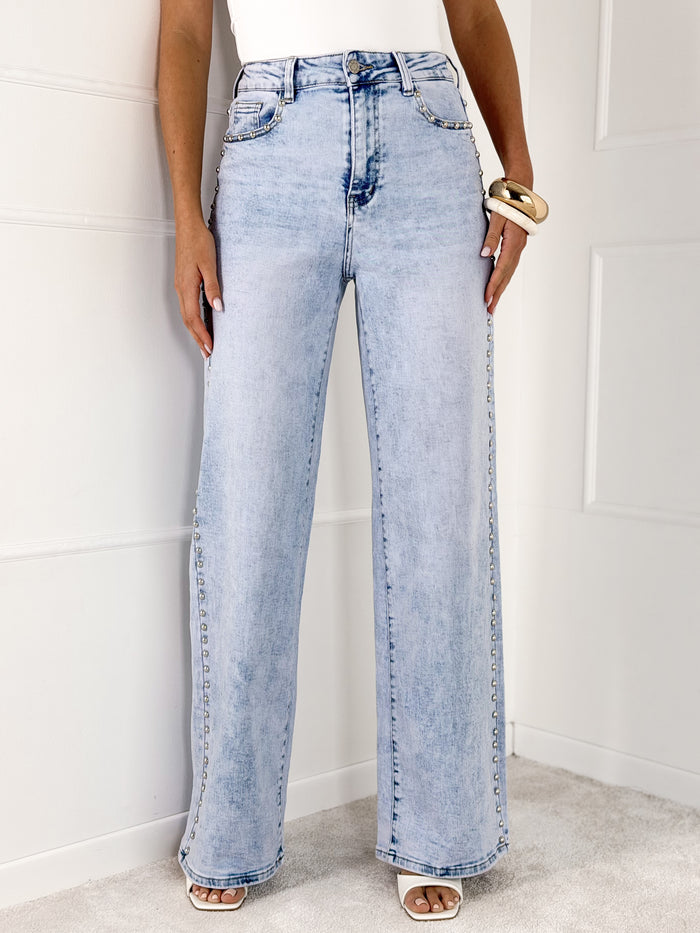 DAD FIT moteriški džinsai su kniedėmis PERRIE Mėlyna