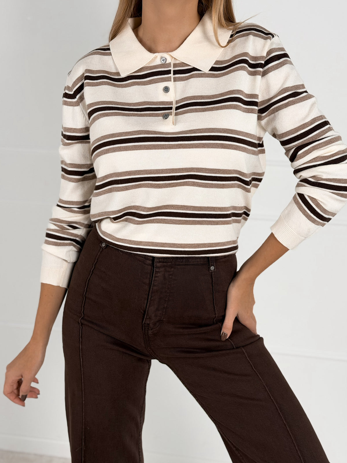 Moteriškas dryžuotas megztinis su vilna LORELLA Kreminė