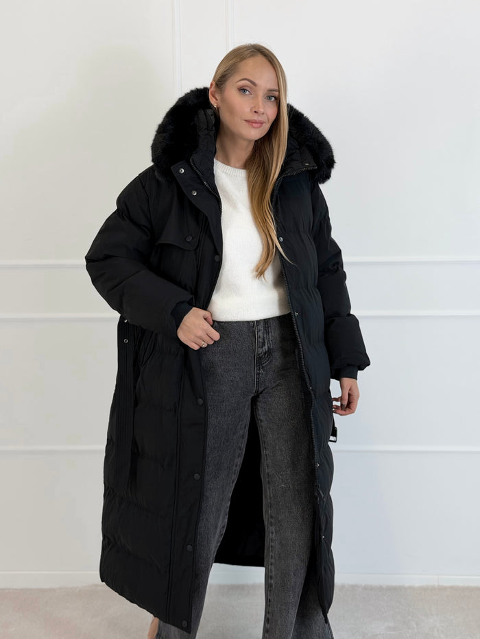 Moteriška ilga žieminė striukė su gobtuvu ODELLE Juoda