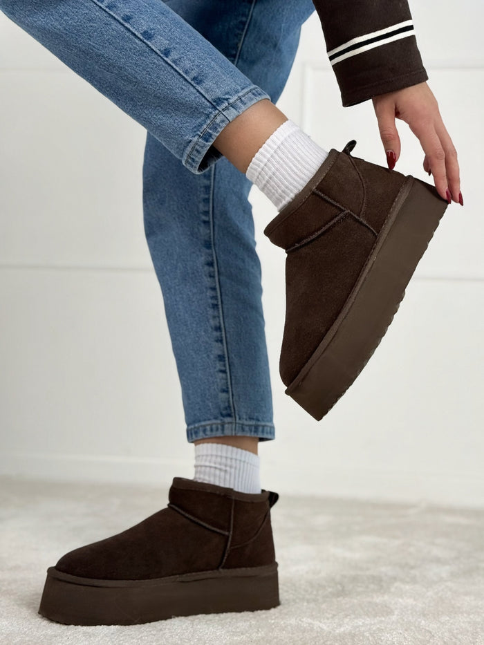 Natūralios odos UGG stiliaus aulinukai su platforma CHOCO Tamsiai ruda