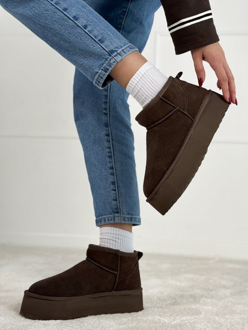 Natūralios odos UGG stiliaus aulinukai su platforma CHOCO Tamsiai ruda