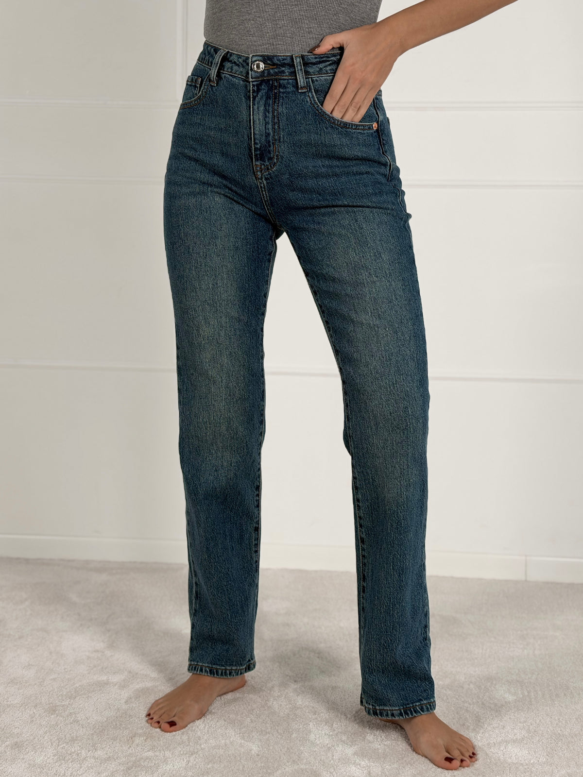 STRAIGHT FIT moteriški džinsai aukštu juosmeniu JUNIPER Mėlyna