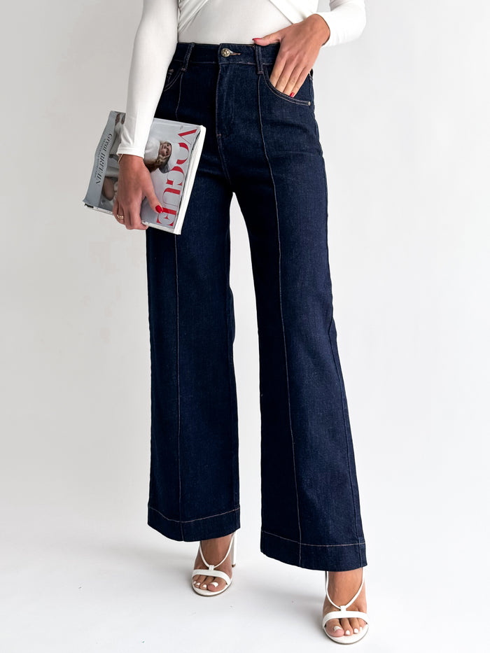 Moteriški WIDE LEG modelio džinsai aukštu liemeniu JASPER Tamsiai mėlyna