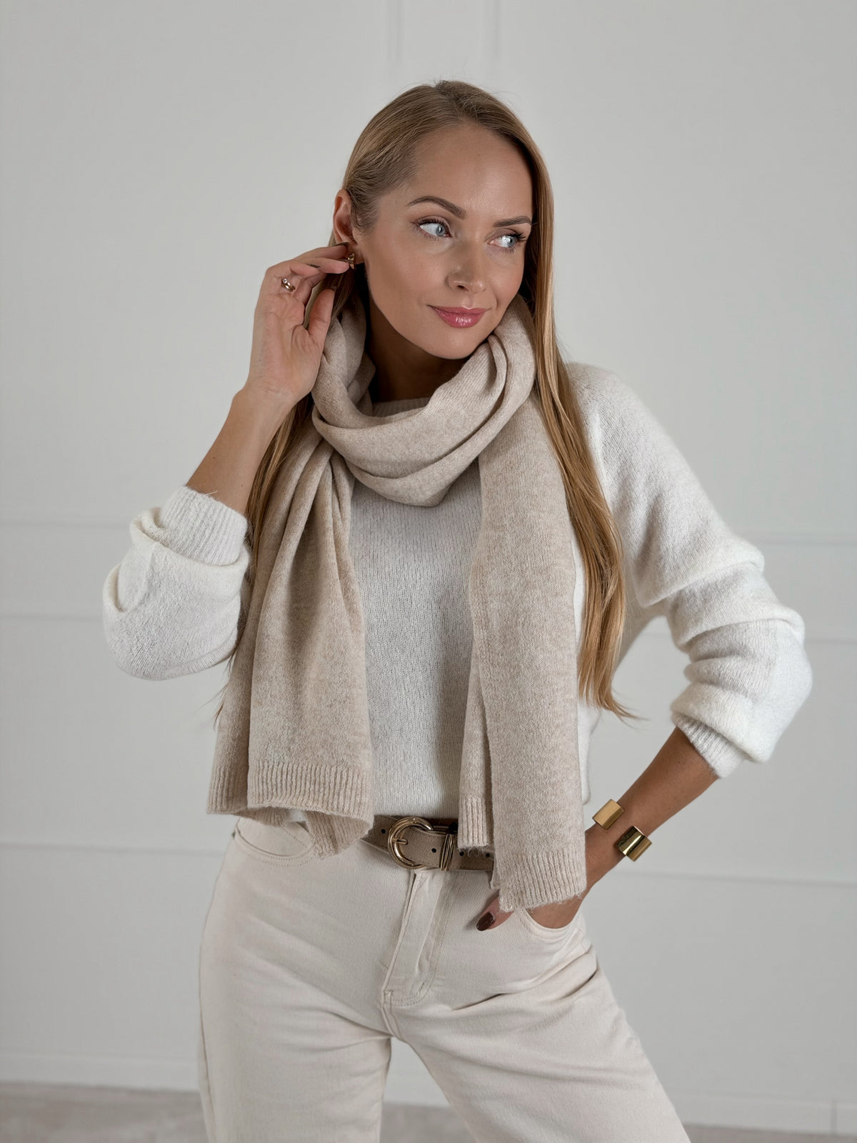 Moteriškas šiltas šalikas su merino vilna RIPLEY Kreminė