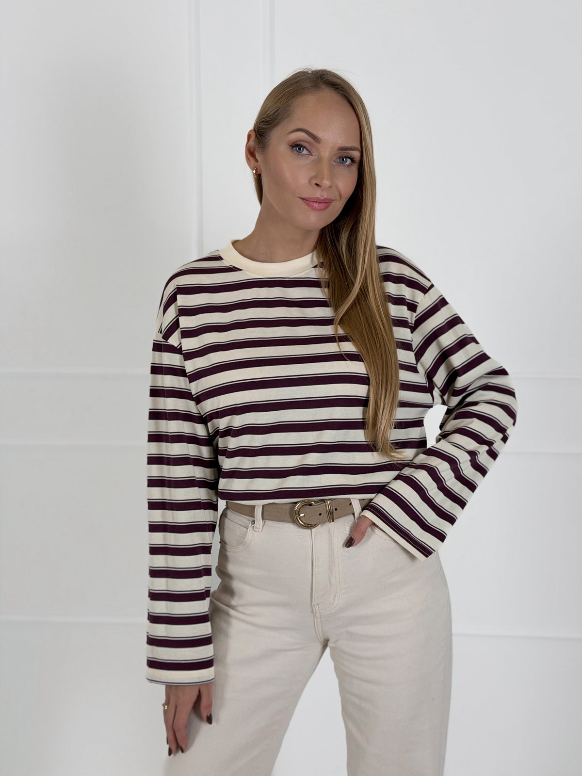 Moteriška medvilninė dryžuota palaidinė OWEN Bordo