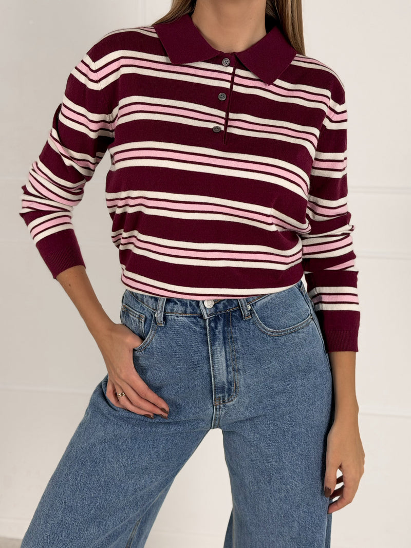 Moteriškas dryžuotas megztinis su vilna LORELLA Bordo