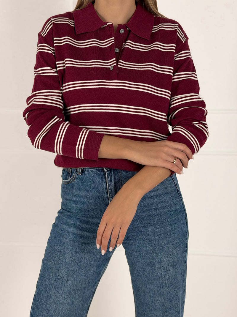 Moteriškas dryžuotas megztinis su vilna LINCOLN Bordo