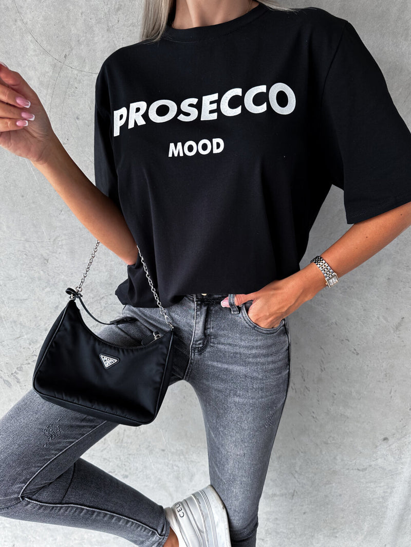 Moteriški itališki medvilniniai marškinėliai PROSECCO MOOD Juoda