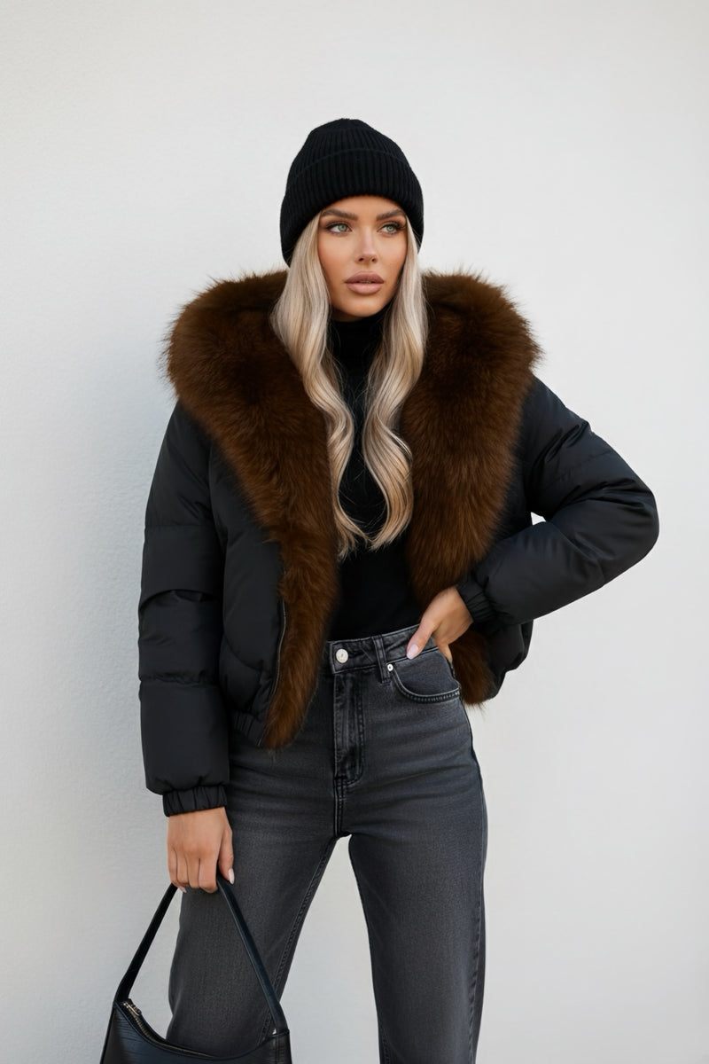 Moteriška trumpa striukė su gobtuvu RAY Juoda/Ruda