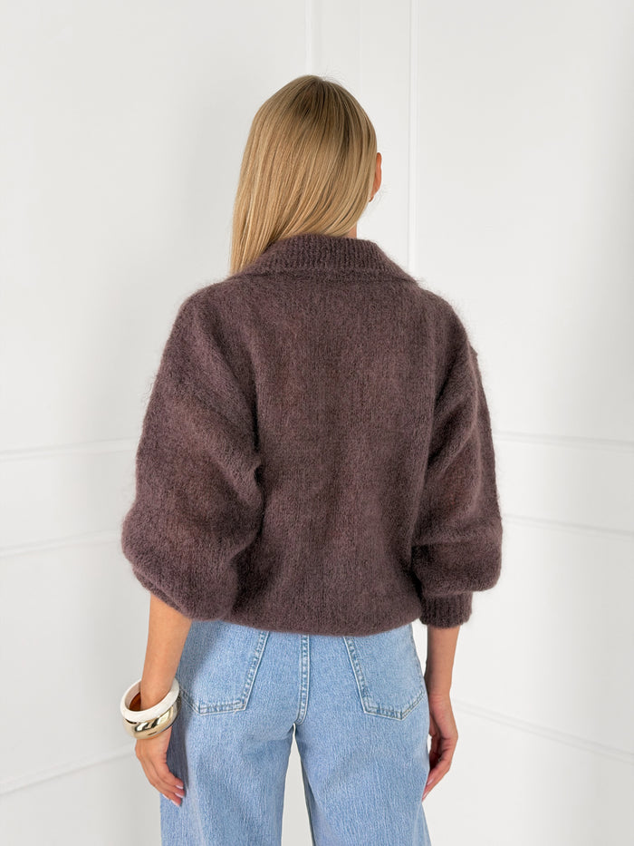 Moteriškas itališkas moheros vilnos megztinis RAYANA Tamsiai ruda