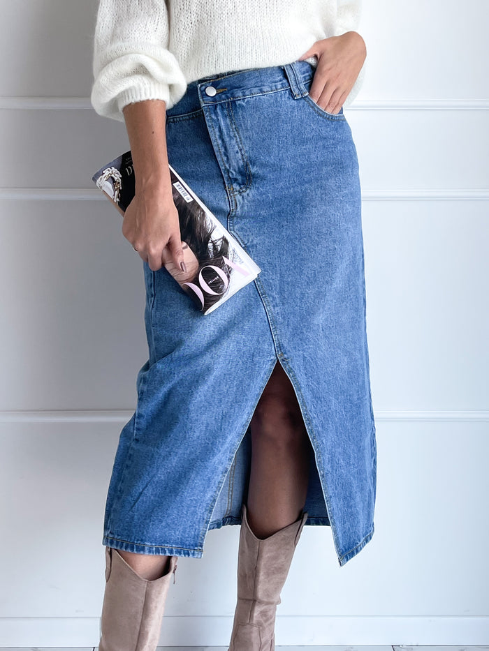 Moteriškas vidutinio ilgio džinsinis sijonas FLURA Mėlyna