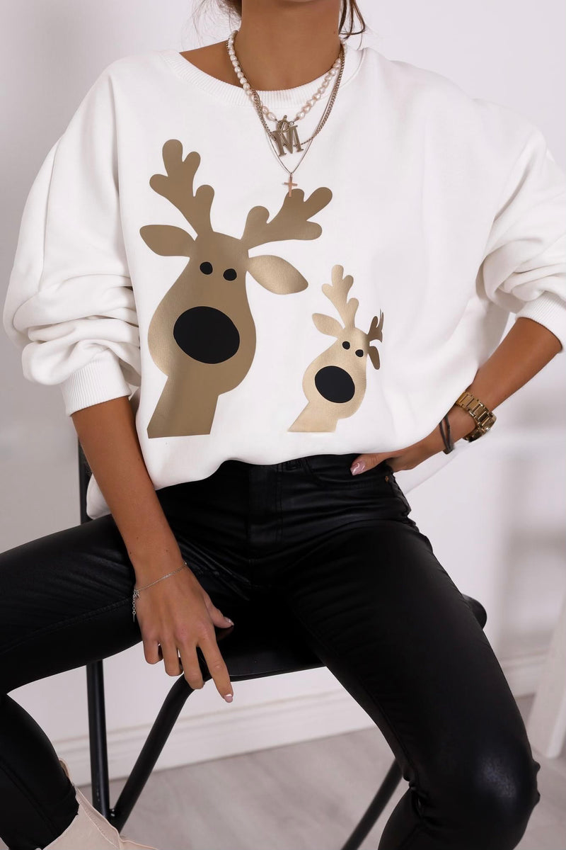 Moteriškas kalėdinis medvilninis džemperis su pašiltinimu REINDEER Balta