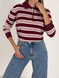 Moteriškas dryžuotas megztinis su vilna LORELLA Bordo