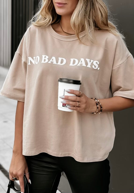 Moteriški itališki medvilniniai marškinėliai NO BAD DAYS Kreminė