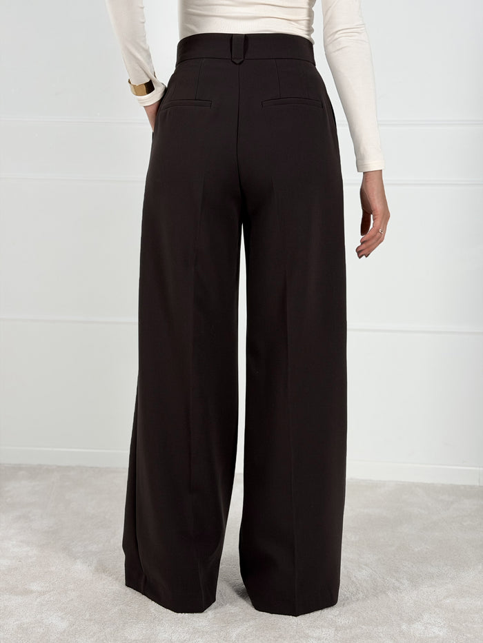 Moteriškos plačios klasikinės kelnės SANCHA Tamsiai ruda