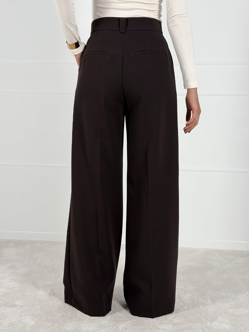 Moteriškos plačios klasikinės kelnės SANCHA Tamsiai ruda