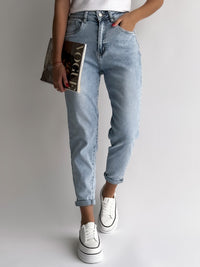 Moteriški MOM modelio elastingi džinsai aukštu juosmeniu PORTO Mėlyna