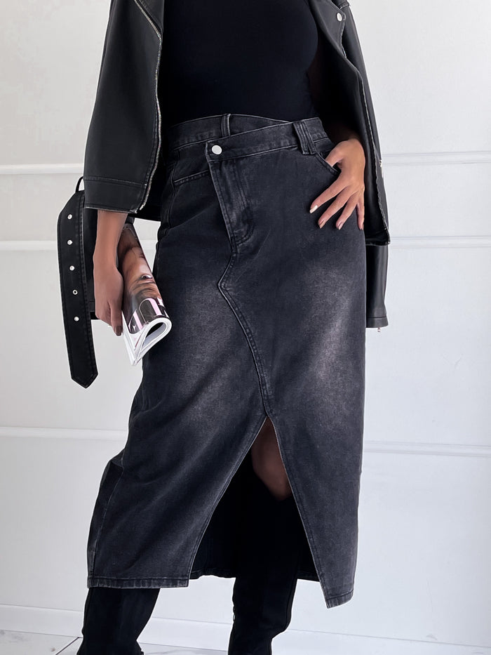 Moteriškas vidutinio ilgio džinsinis sijonas FLURA Juoda