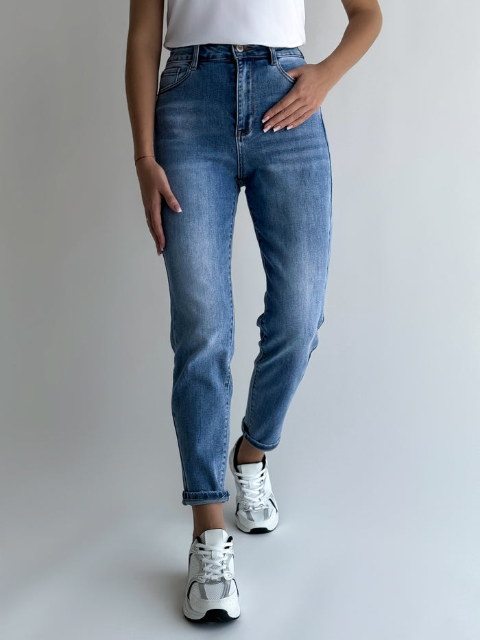 MOM STRETCH modelio moteriški džinsai aukštu juosmeniu LINGO Mėlyna