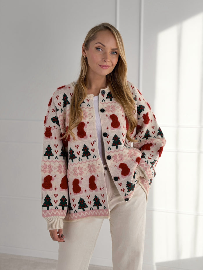 Moteriškas susagstomas kalėdinis megztinis WINTER Balta