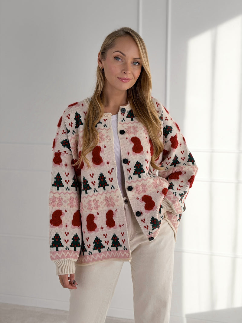 Moteriškas susagstomas kalėdinis megztinis WINTER Balta