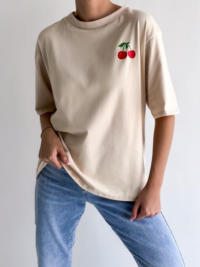 Moteriški itališki medvilniniai marškinėliai CHERRY Kreminė