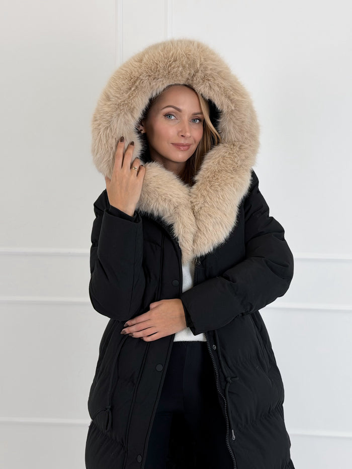 Moteriška ilga žieminė striukė su gobtuvu LUCHO Juoda/Kreminė