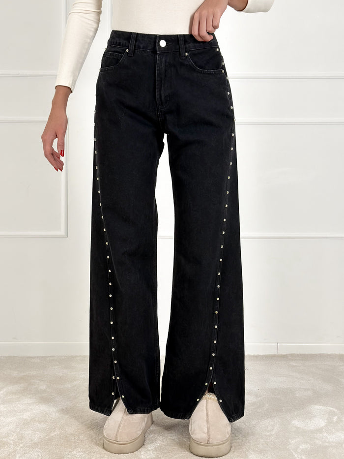 Moteriški platėjantys džinsai su kniedėmis WOODY Juoda