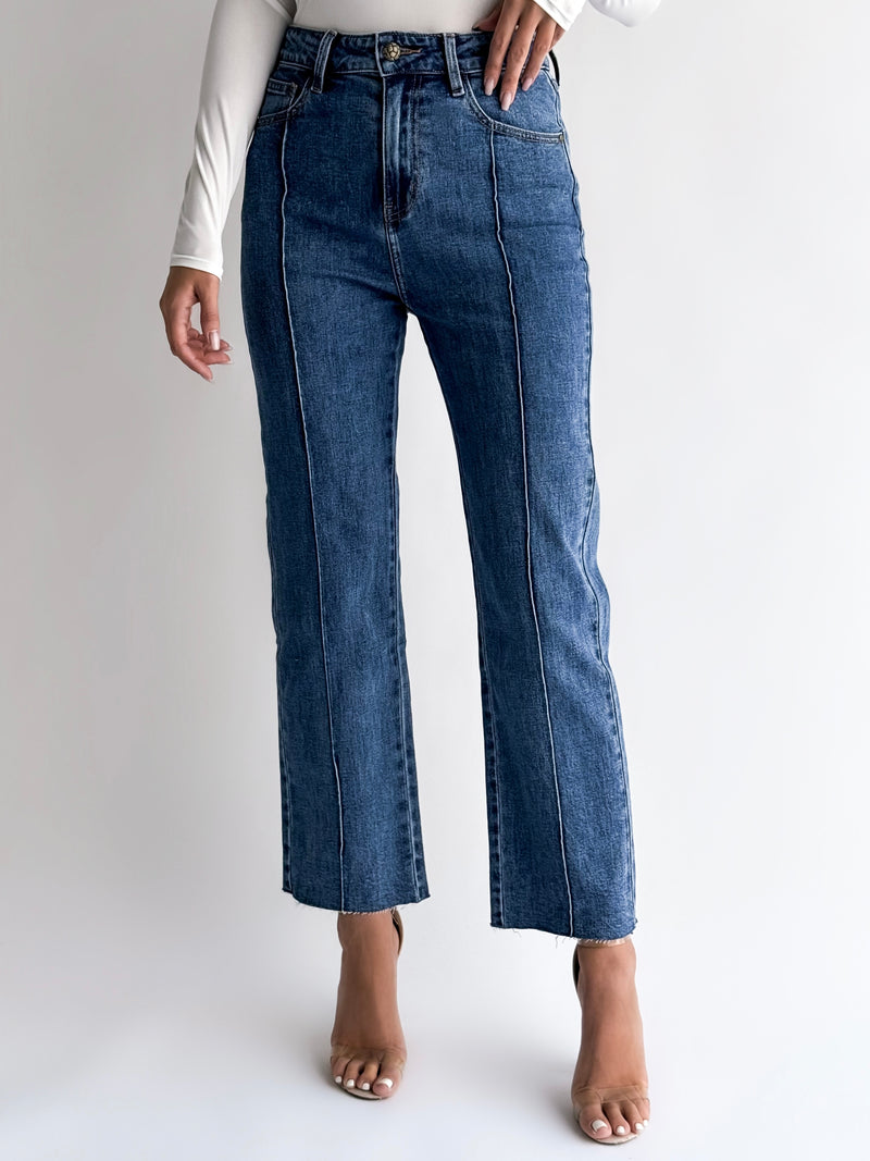 Moteriški WIDE LEG modelio džinsai aukštu liemeniu CALLUM Mėlyna
