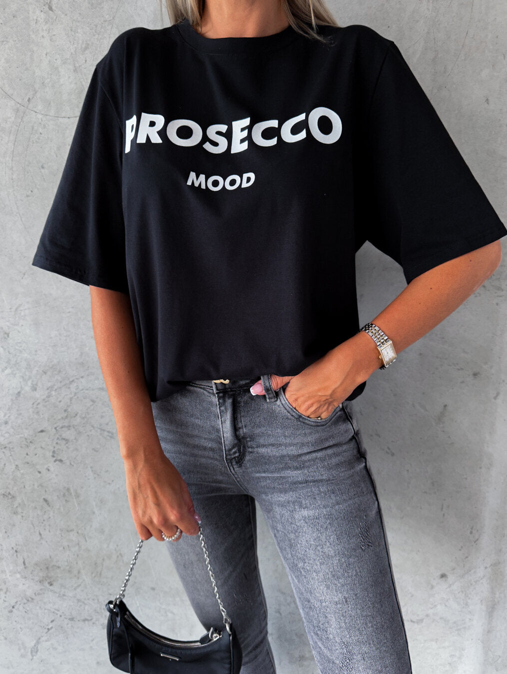 Moteriški itališki medvilniniai marškinėliai PROSECCO MOOD Juoda
